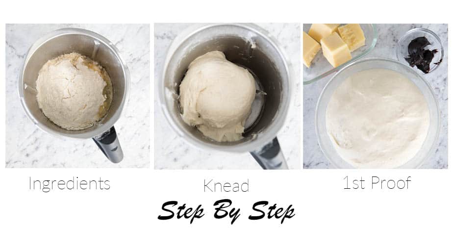 Step by step images showing making dough for cheesymite scrolls