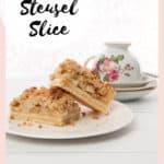 Pin for an apple streusel slice on a pink and white background