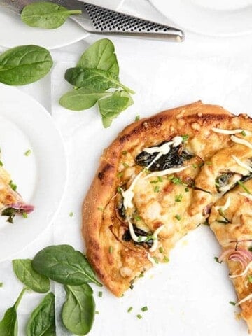 Overhead shot of Buffalo Chicken Pizza on white background