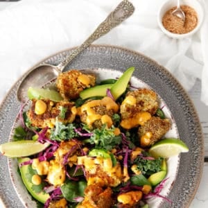 Overhead shot Keto Popcorn Chicken salad with sprinkles on white background