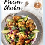 Pinterest Pin Popcorn Chicken Salad recipe - Crunchy, spiced homemade chicken nuggets, served in a tasty green salad with chipotle mayonnaise & shaker sprinkles. #Keto #ketochicken #ketorecipes #ketolunch #ketocookbook #chickensalad