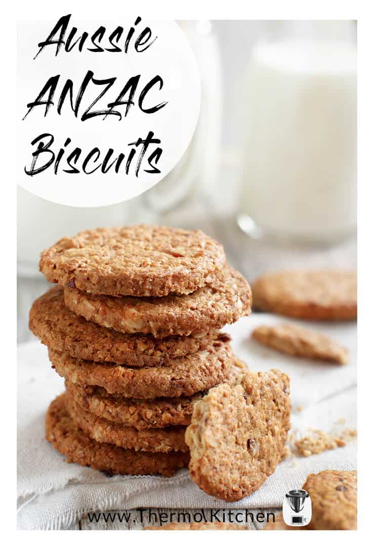 Titled image of a stack of ANZAC cookies with milk