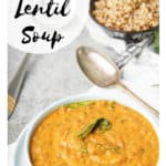 Pinterest labelled image of Thermomix lentil pumpkin soup on table setting