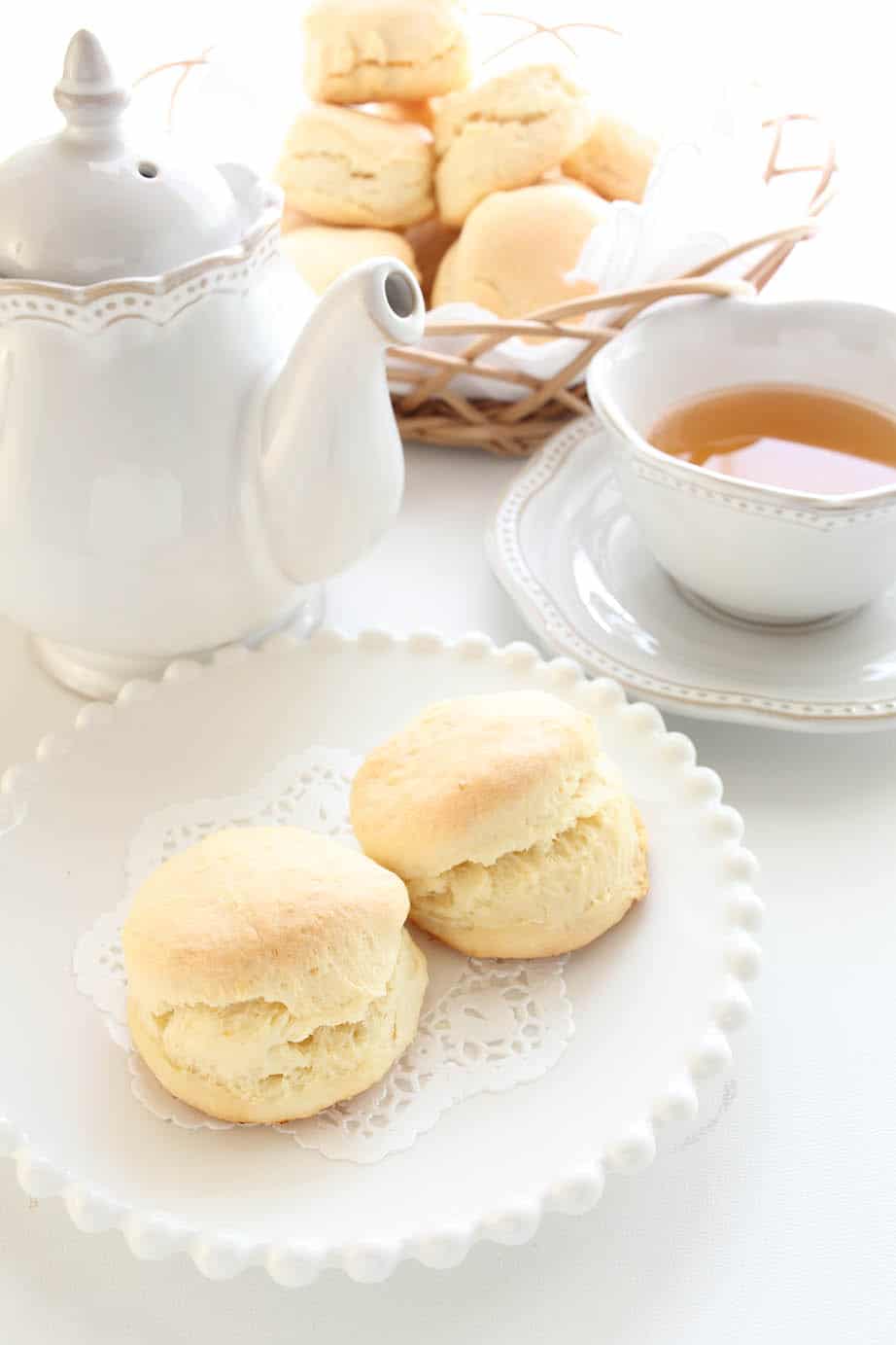 Scones on white crockery and white background