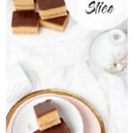 Titled image of Caramel slice displayed on a platter and a plate white and pink background