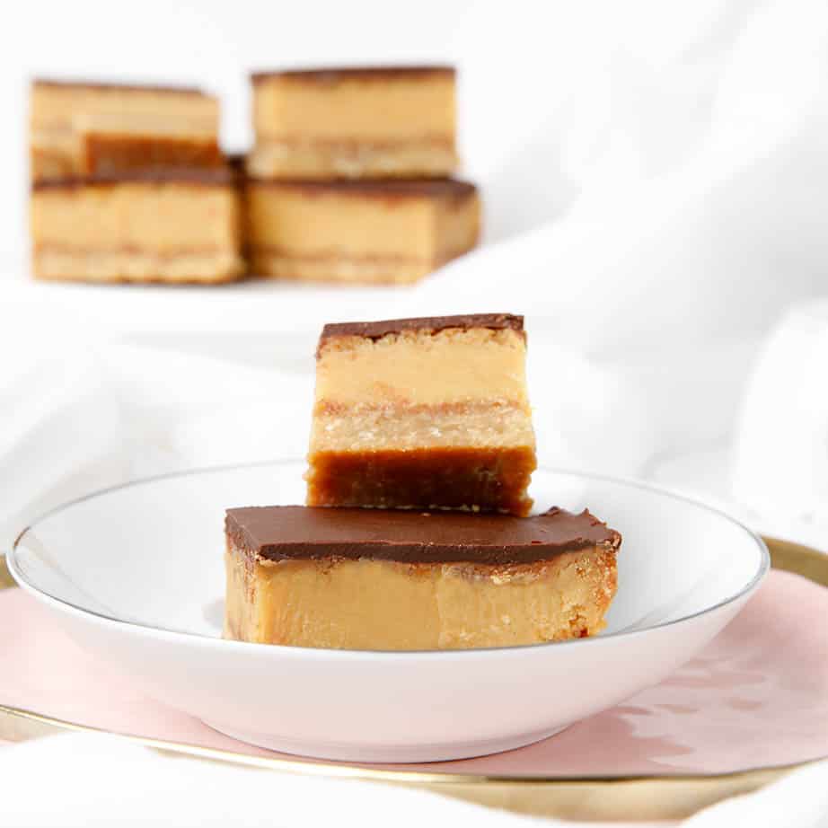 Square image close up caramel chocolate slice