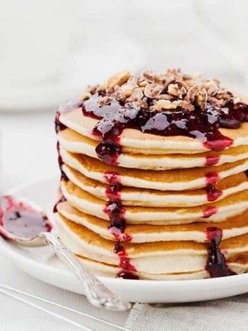Thermomix pancakes big stack with dripping red berry sauce