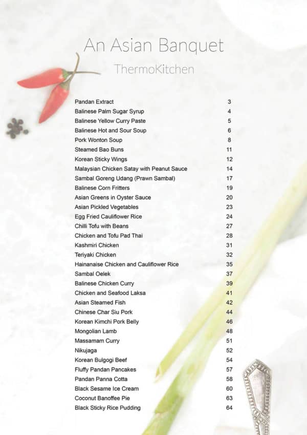 Image of the recipe index for An Asian Banquet Thermomix cookbook