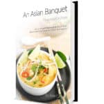 An Asian Banquet Cookbook Hardcopy Cover page with Laksa on the front