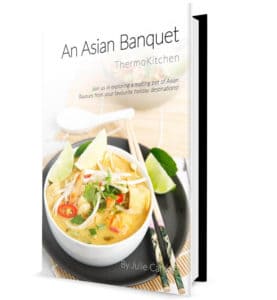 An Asian Banquet Cookbook Hardcopy Cover page with Laksa on the front