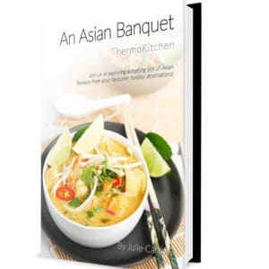 An Asian Banquet Cookbook Hardcopy Cover page with Laksa on the front