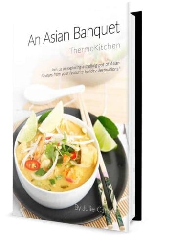 An Asian Banquet Cookbook Hardcopy Cover page with Laksa on the front