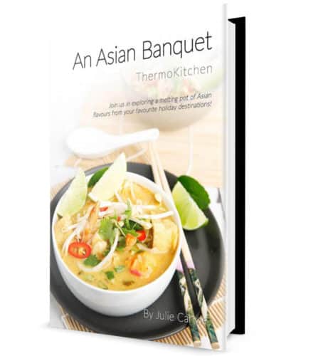 An Asian Banquet Cookbook Hardcopy Cover page with Laksa on the front Thermomix Cookbook