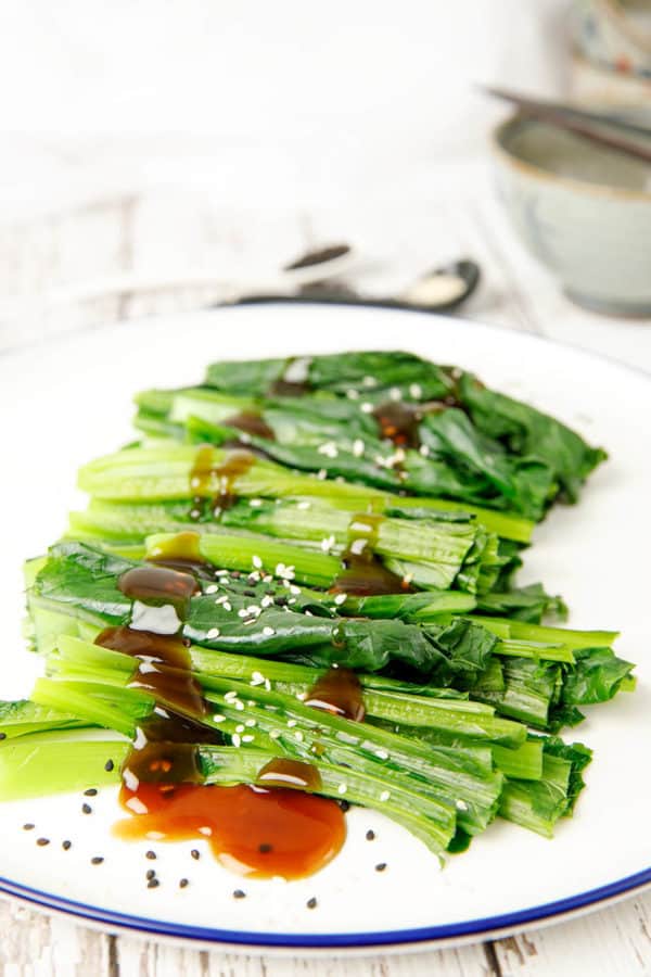 Asian Greens in Oyster sauce on a white plate