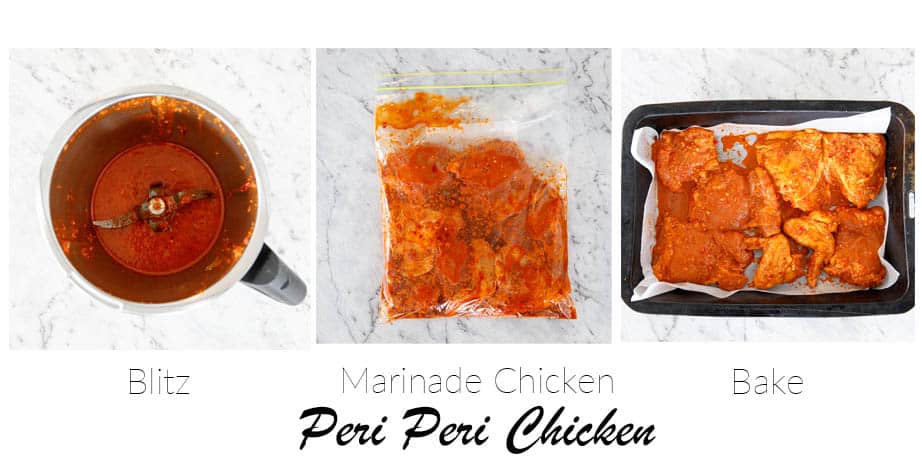 Three Images showing the steps involved in making Portuguese chicken 