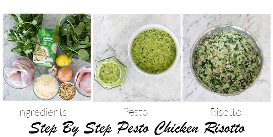 3 images showing the step to make a pesto chicken risotto