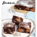 Image with title of 3 slices of chocolate caramel brownie on white plate