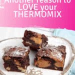 Pinterest Pin of a Chocolate Caramel Brownie with a title on a plate