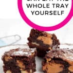Pinterest Pin for a Chocolate Caramel Brownie -My gooey Thermomic brownie has everything you could want in a decadent dessert! The ultimate dense, brownie recipe, with explosions of caramel and crunchy walnuts. 