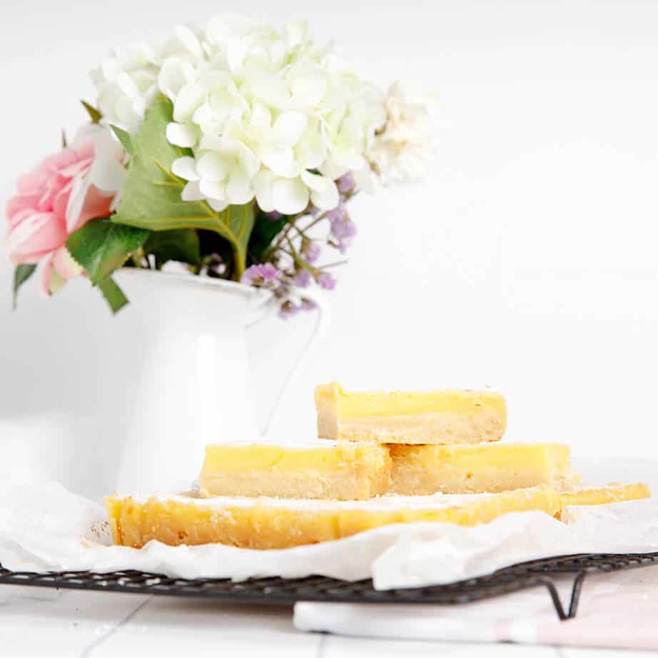 Square image of lemon slice with a flower vase behind on white backgraound
