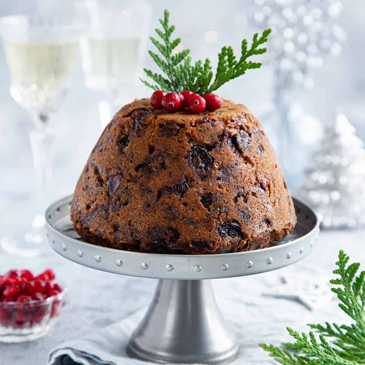 Traditional Thermomix Christmas pudding on a light Christmas background