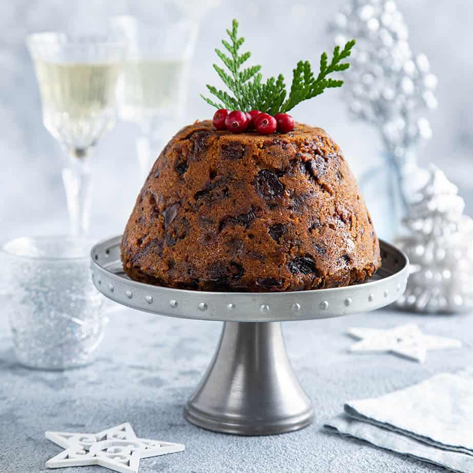 Traditional Thermomix Christmas pudding on a light Christmas background