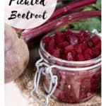 Titled image of beetroot pickled in a glass jar with raw beet