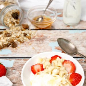 Portrait picture Greek Yoghurt in a bowl with fresh fruit