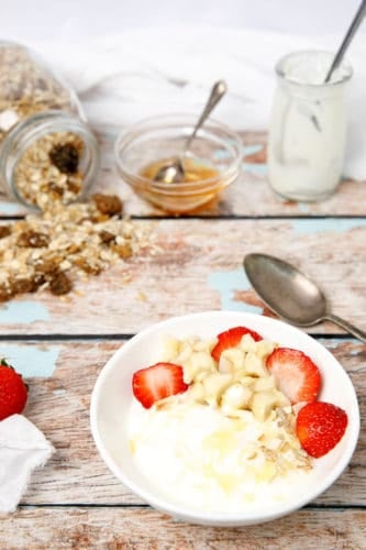 Portrait picture Greek Yoghurt in a bowl with fresh fruit