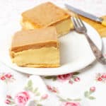 Two Caramilk Custard Slice on a floral table cloth