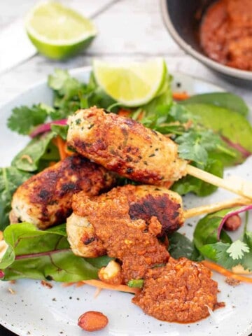 Close up image of Keto chicken kebab served with salad greens and peanut sauce