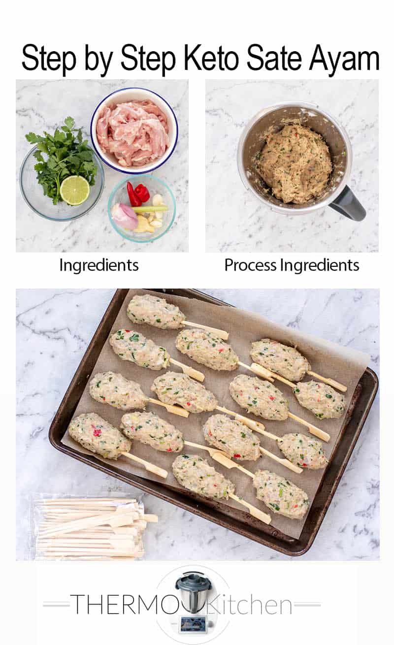 3 images showing the steps to make Keto Chicken Kebabs