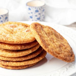 Close Up Caramilk Snickerdoodle Cookies in a stack on a white platter