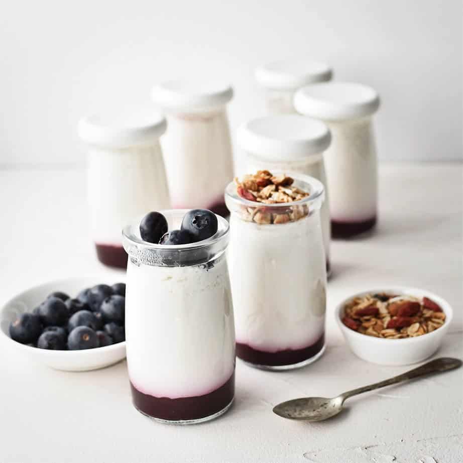 Natural yoghurt in yoghurt pots on a white background with berries