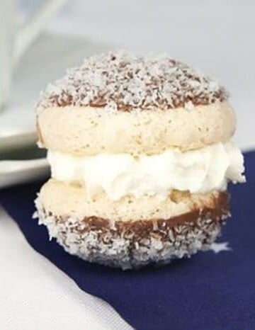 Single Thermomix Lamington Macaron on an Australian Flag