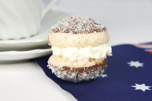 Close up Lamington macaron on an Australian Flag