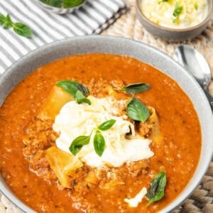 Portrait image of Lasagna Soup on a woven mat