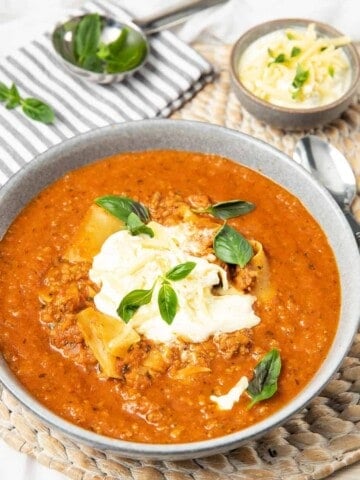 Portrait image of Lasagna Soup on a woven mat