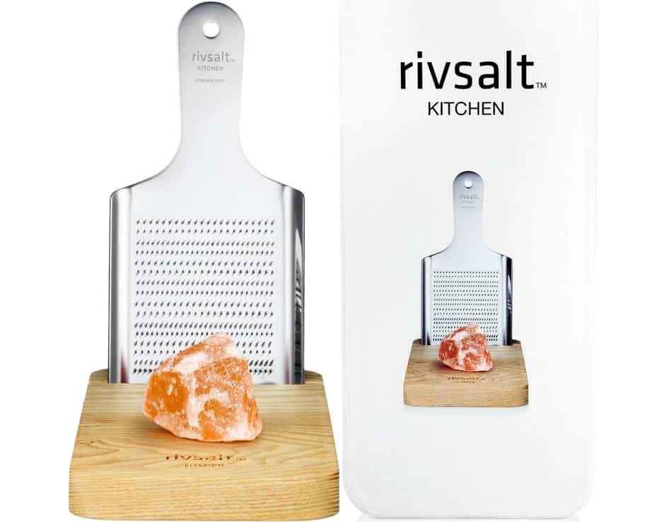 Package showing the Rivsalt Kitchen Grater and Pink Salt
