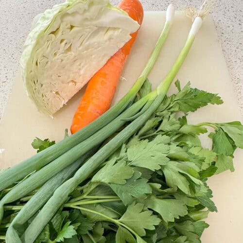 Green cabbage, carrot, shallots and parsley ready for preparing a Thermomix Coleslaw