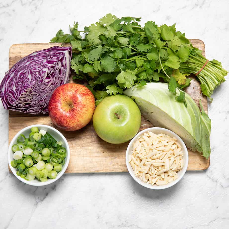 Chopping board showing the ingredients for the recipe.