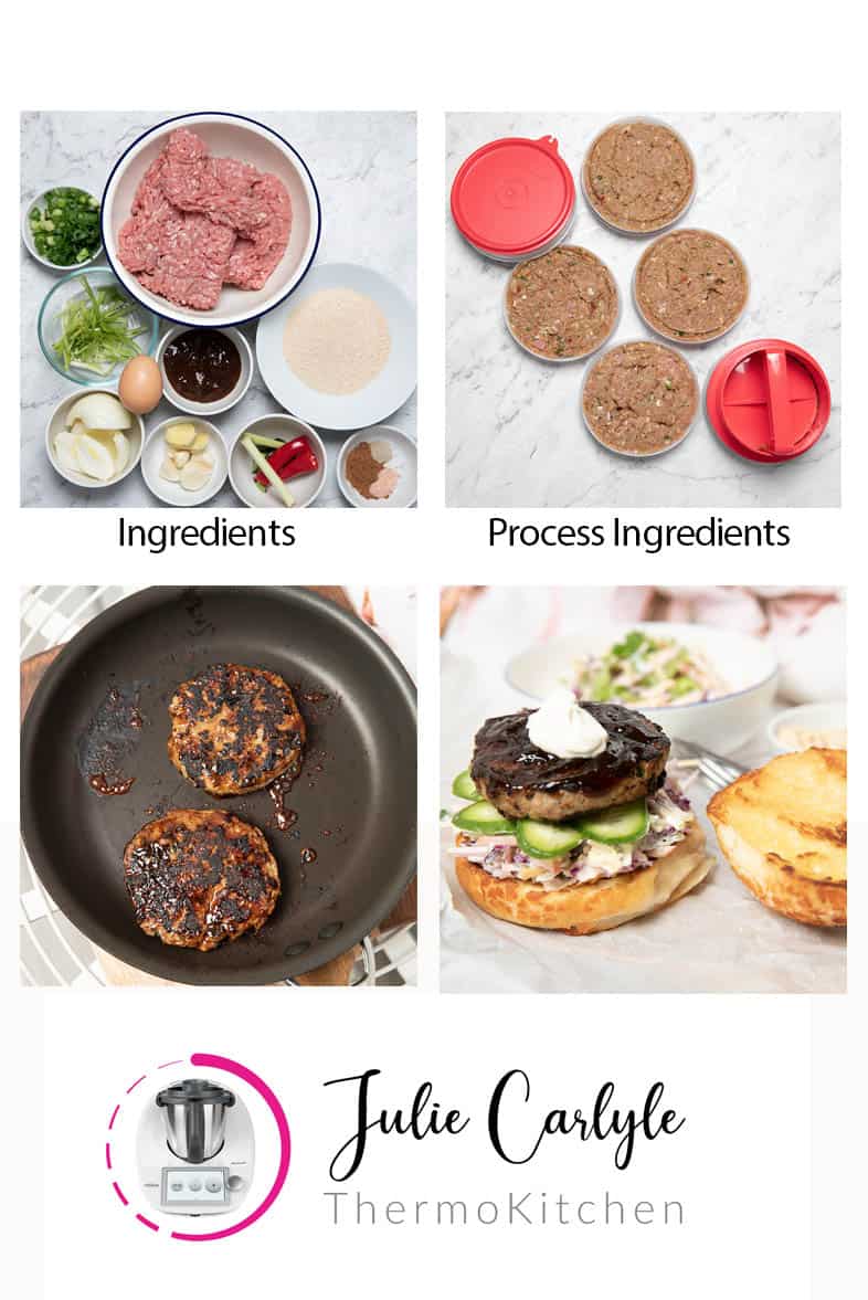 four images showing the ingredients and the process of making pork burgers.