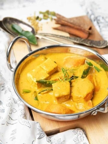 Thermomix vegetable curry in an Indian bowl with dried spices