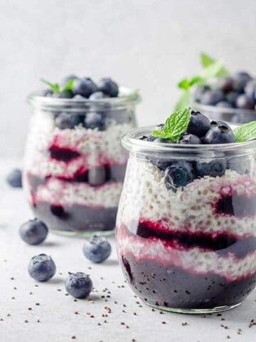 Close up Blueberry chia pudding in a glass