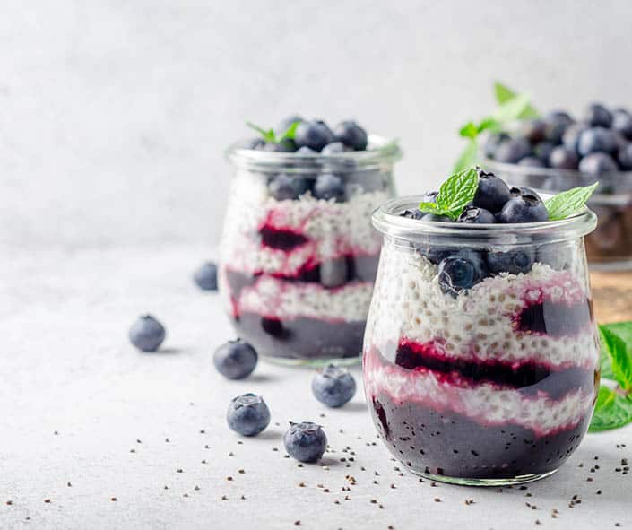 Chia Pudding recipe with blueberries in a glass