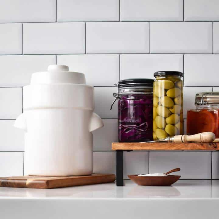 Image of fermenting crock on a kitchen bench suitable for Basic Thermomix Kimchi