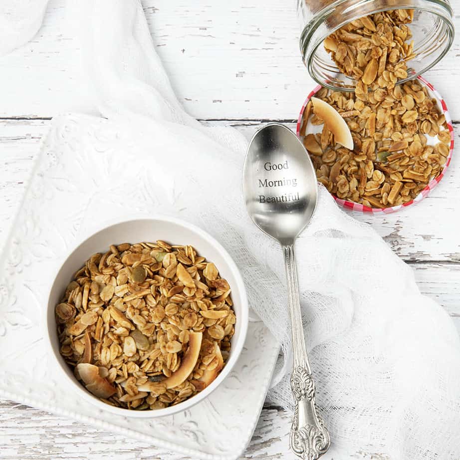 Healthy Granola Recipe with a Good Morning Beautiful spoon.