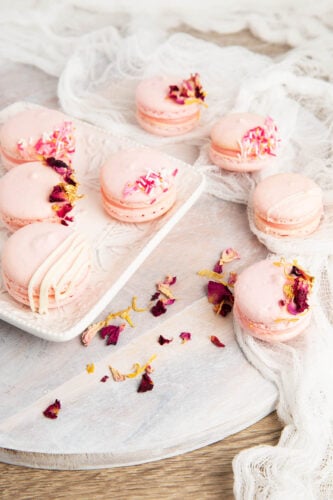 Pink Thermomix Macaron on white background, Rose petals