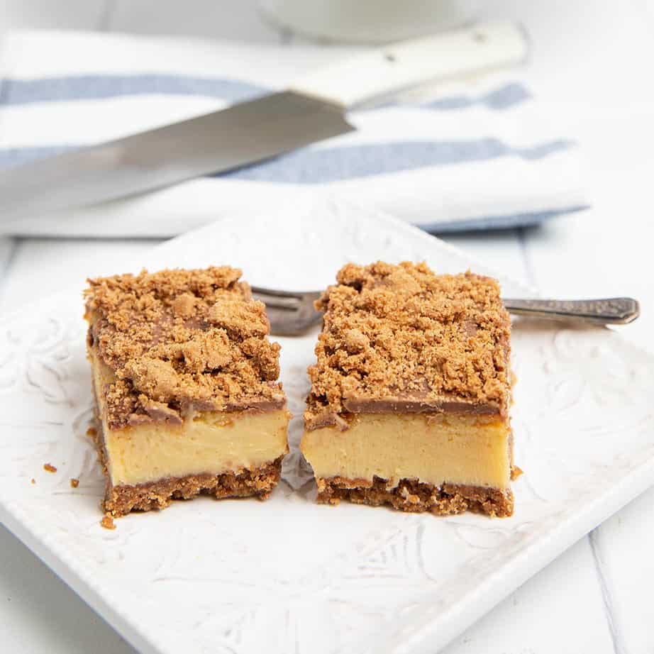 Square image of two biscoff slices on a white plate