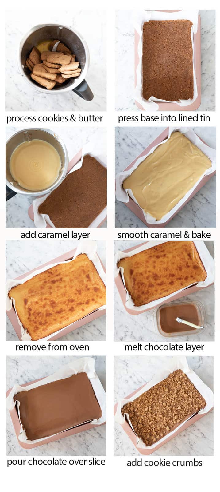 Step by step pictures showing how to make the Biscoff Caramel slice